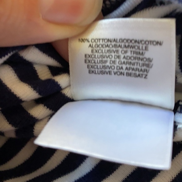 Jones NY navy white stripe 3/4 sleeve top denim chambray elbow patches boat neck - Picture 6 of 6